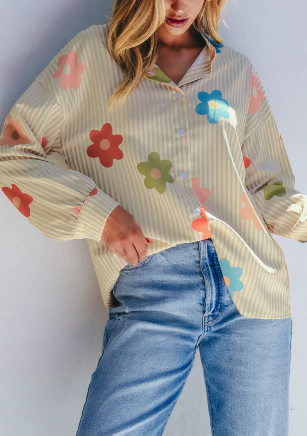 Flower Print Collared Button Up Loose Fit Shirt