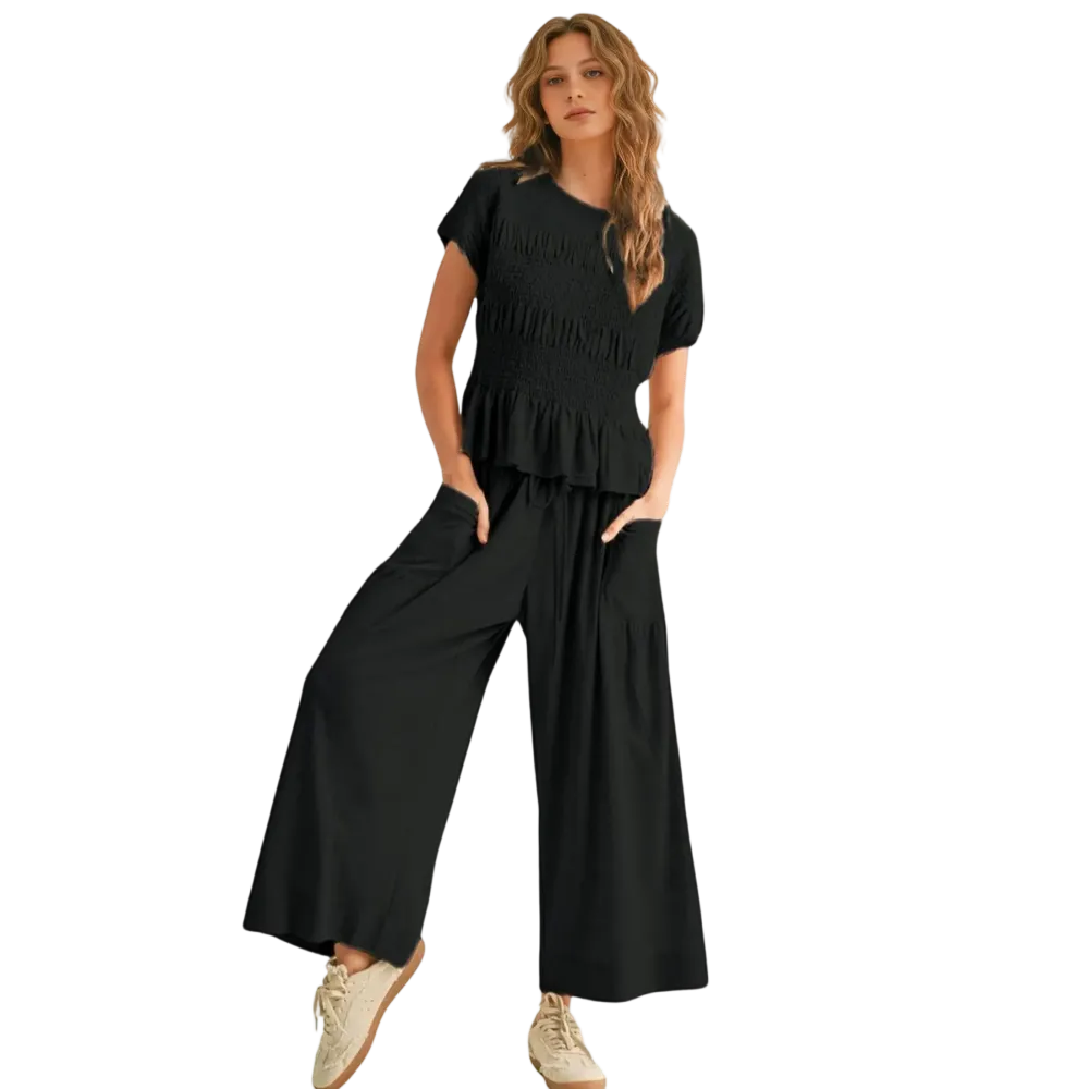 Women's Boho Chic Pleated Top & Wide-Leg Set