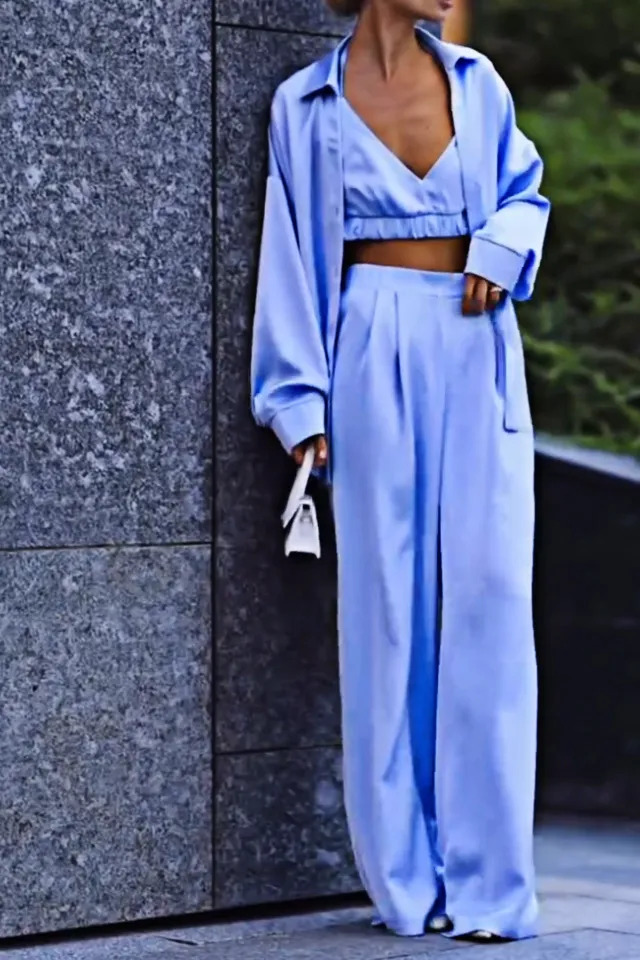 8PACK-Solid Color Silk Fabric Tank Top and Shirt and Pants Three Piece Set