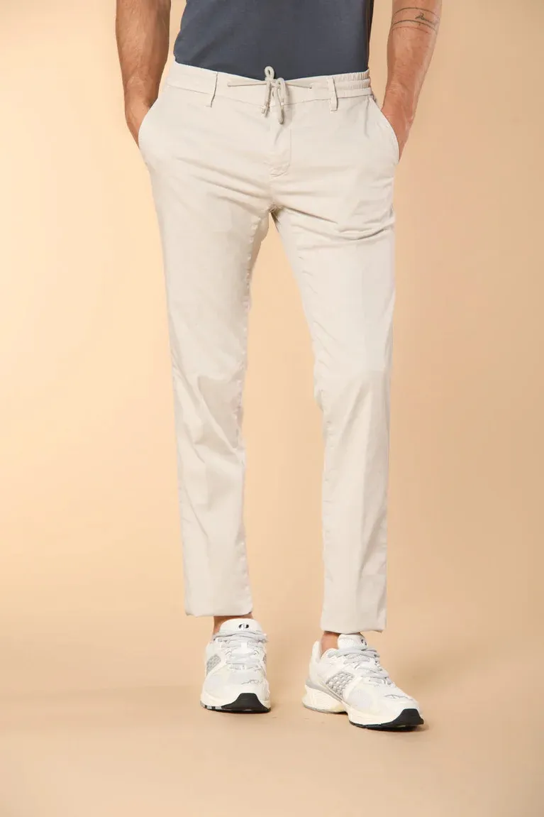 Men's Beige Cotton Twill Elastic Waist Slim Fit Trousers