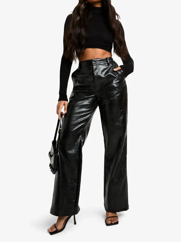 BLACK CROC PU STRAIGHT LEG PANTS