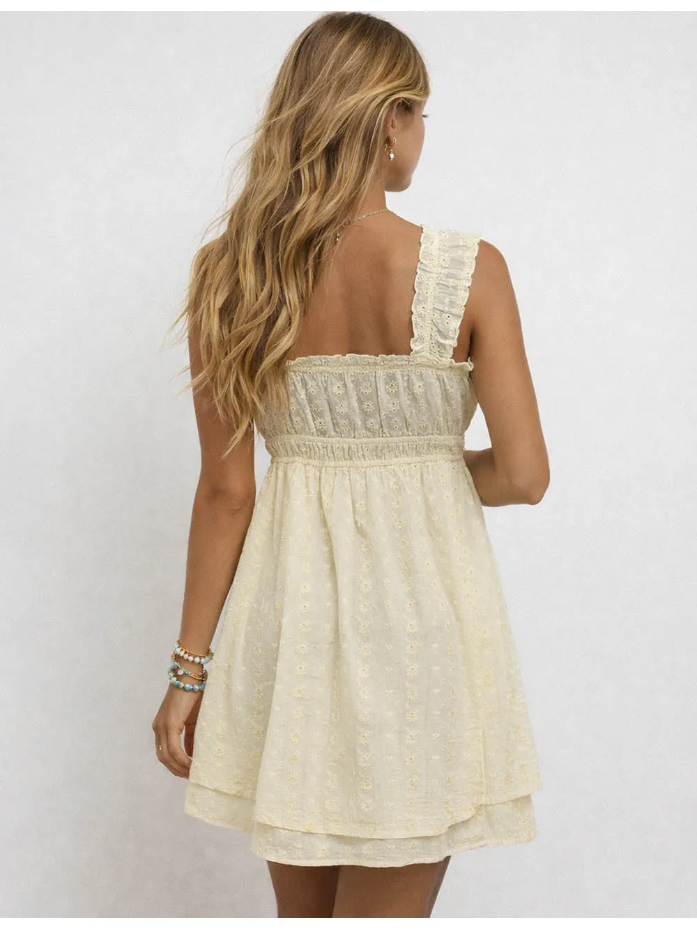 Eyelet Embroidery Square Neck Ruffle Mini Dress