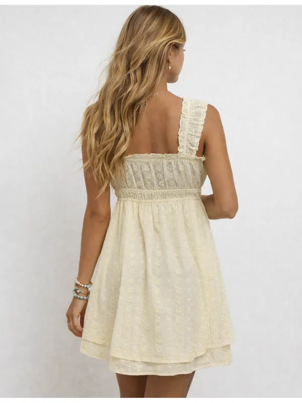 Eyelet Embroidery Square Neck Ruffle Mini Dress