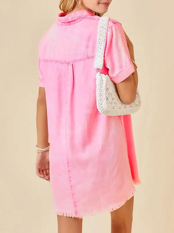 A Line Relaxed Fringed Pleated Pocket Split Joint Lapel Mini Dress