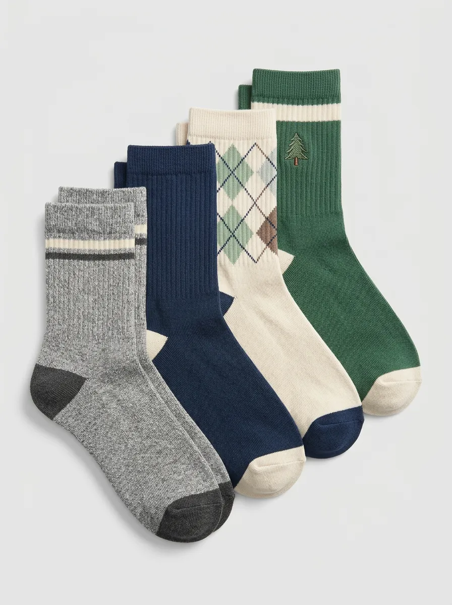 Pine Tree Motif Argyle Striped Tree Motif Men's Crew Socks Four-Pair Pack