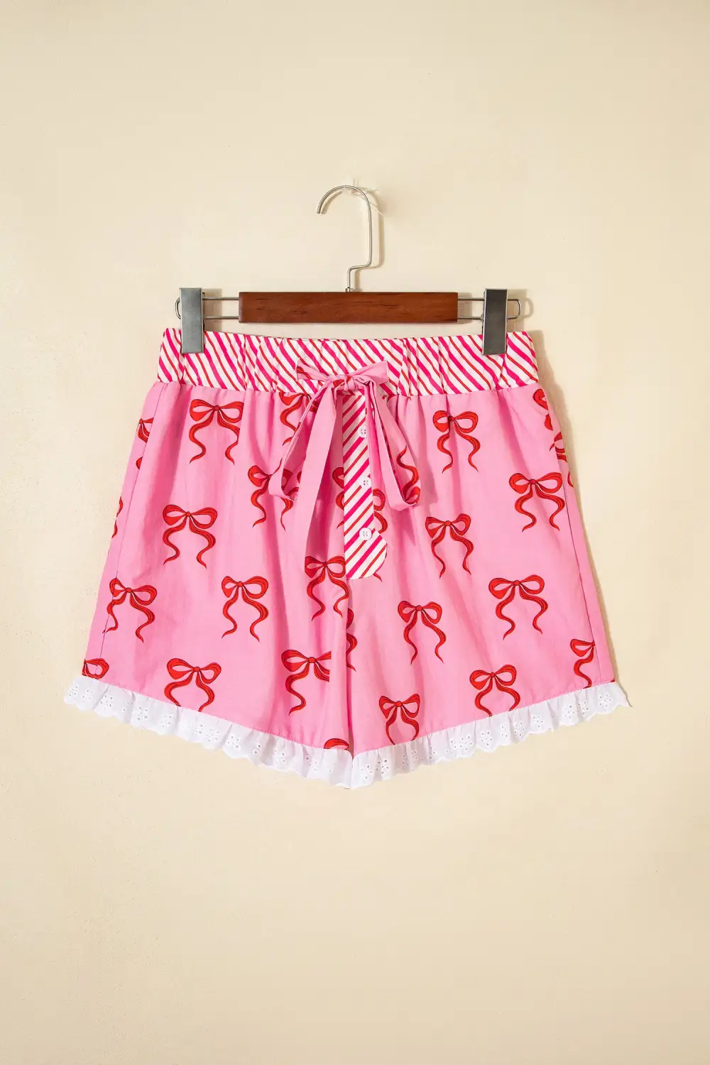 Lace Trim Striped Elastic Waist Casual Shorts