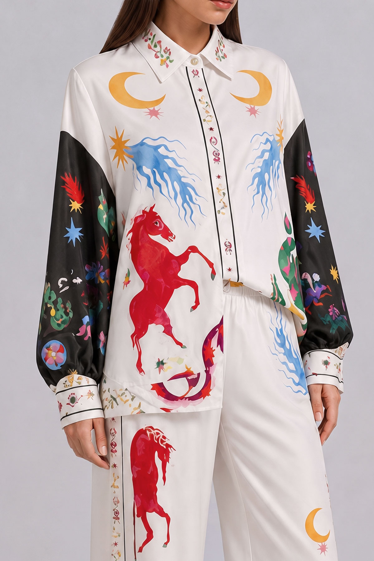 Classic Button Front Printed Matching Pants Set