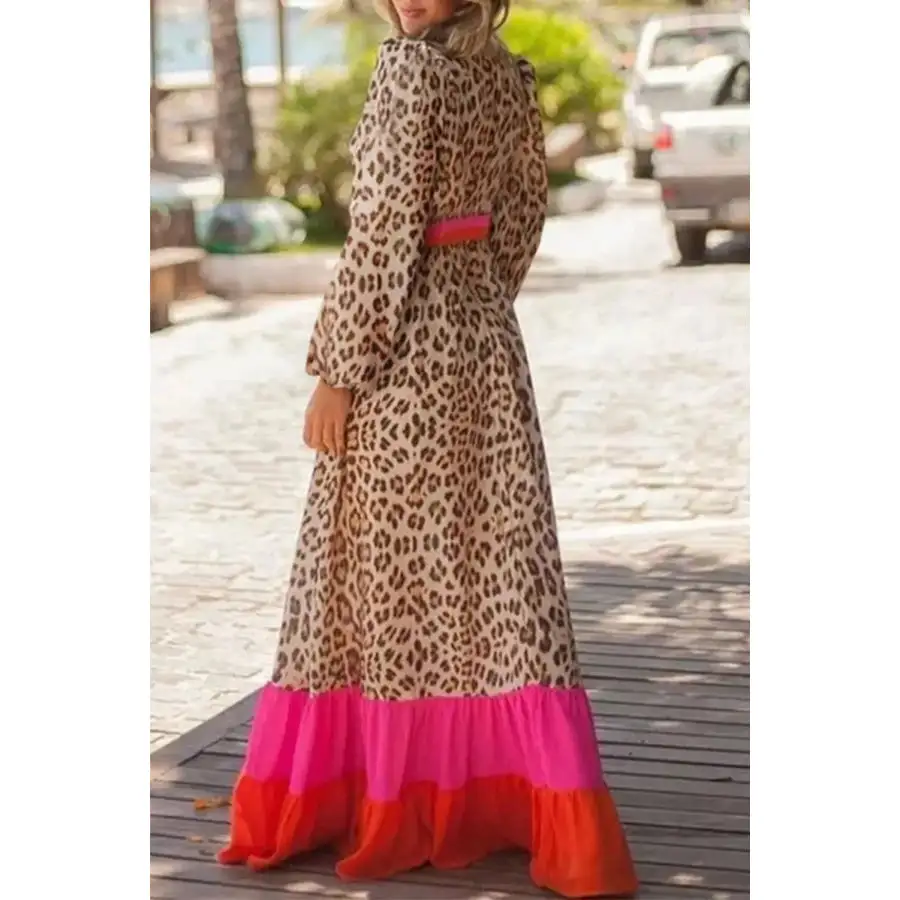 Leopard V Neck Long Sleeve Maxi Dress