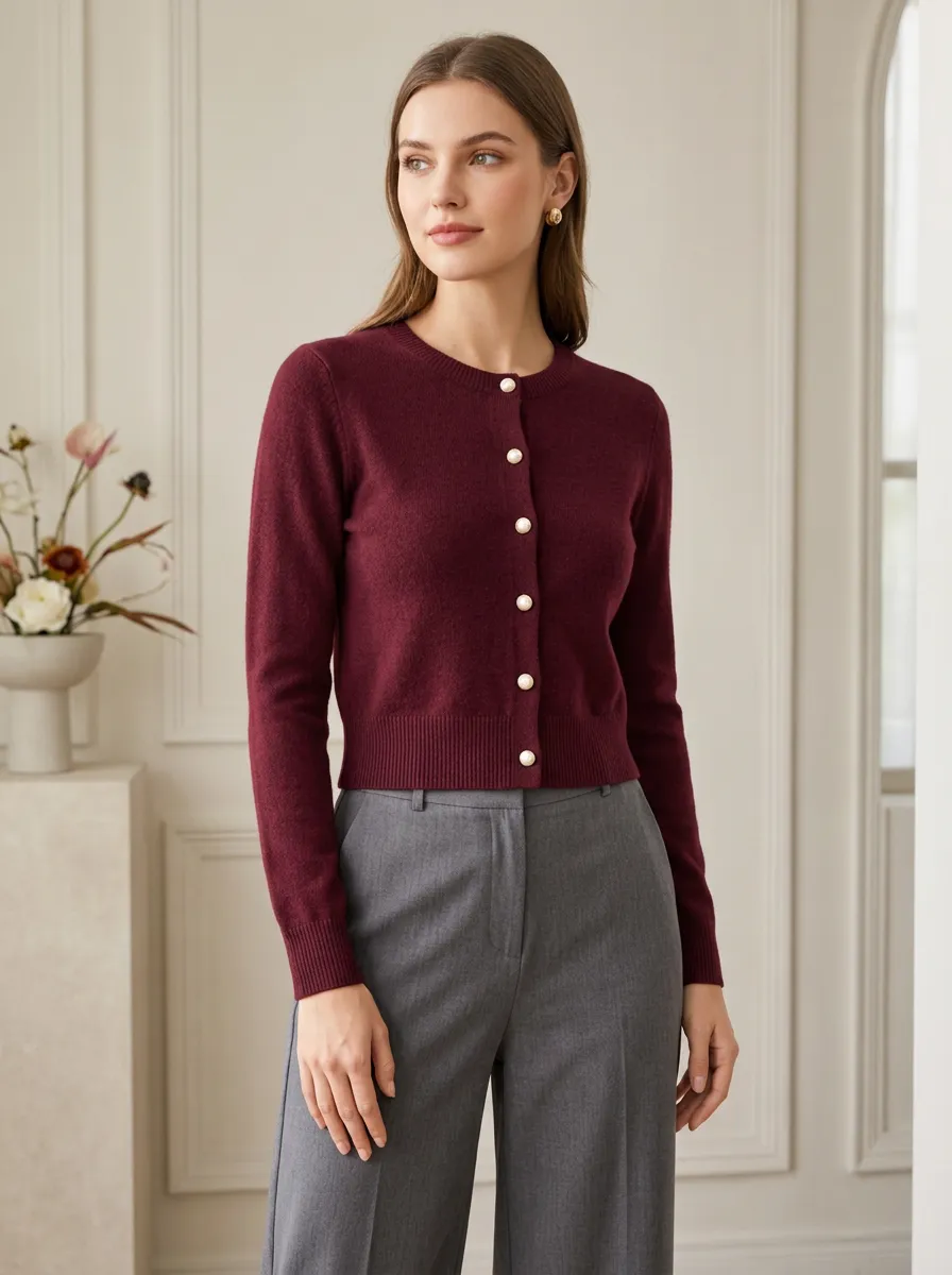 Women's Burgundy Pearl Button Crew Neck Knit Cardigan