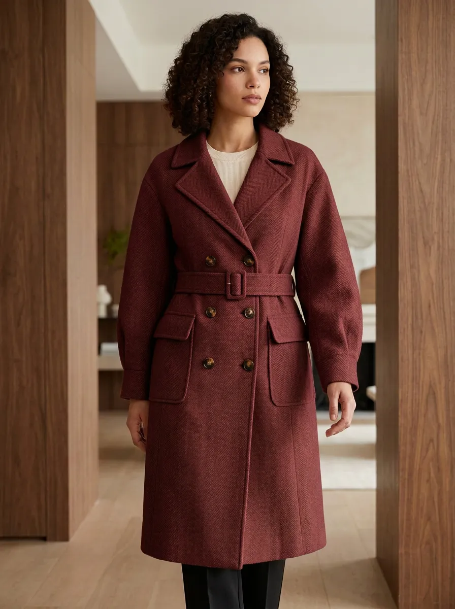 Women's Classic Herringbone Pattern Belted Double-Breasted Trench Coat