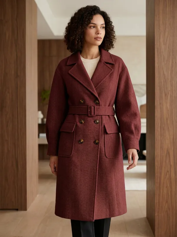 Women's Classic Herringbone Pattern Belted Double-Breasted Trench Coat