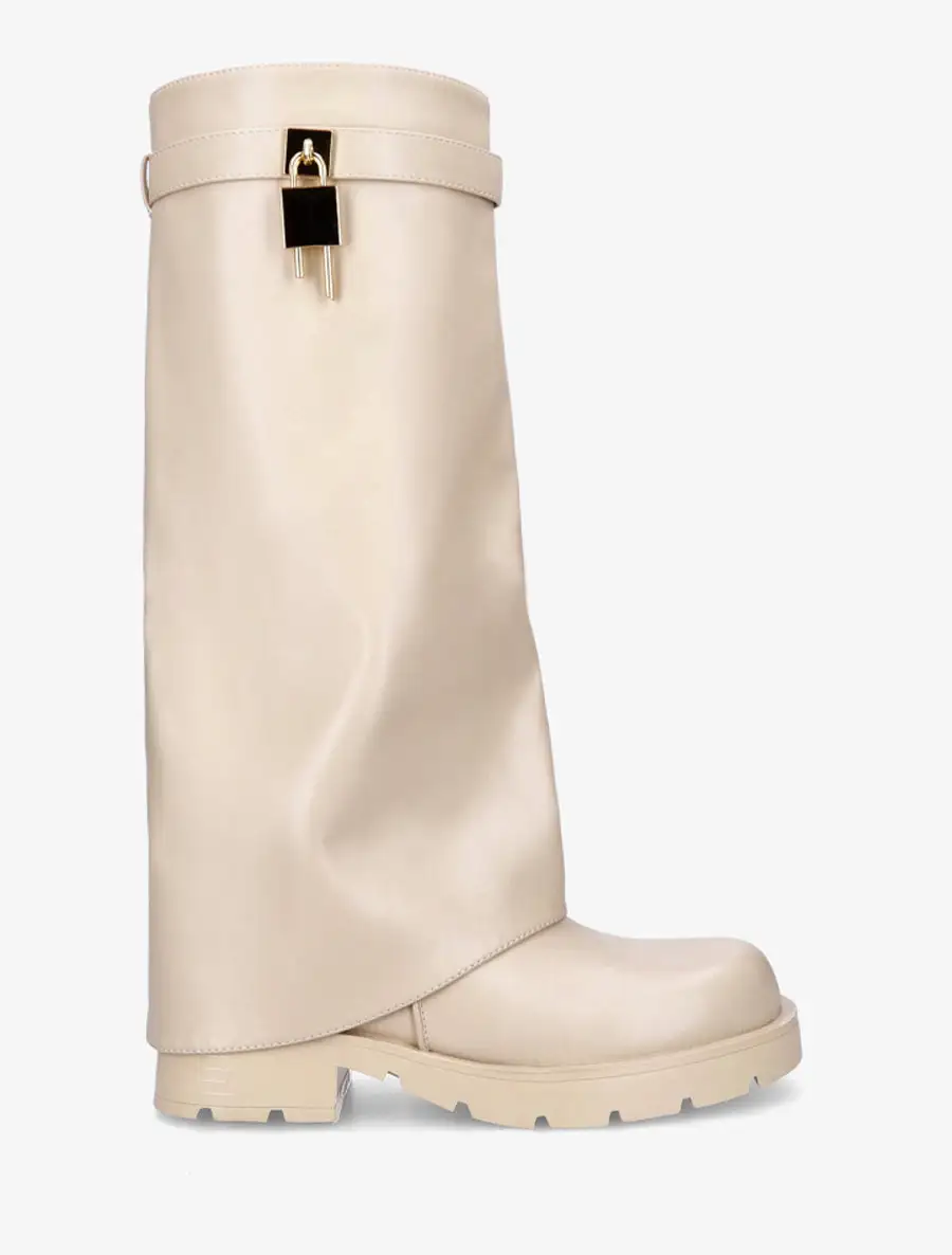 Contemporary Block Heel Fold-Over Faux Leather Knee High Boots