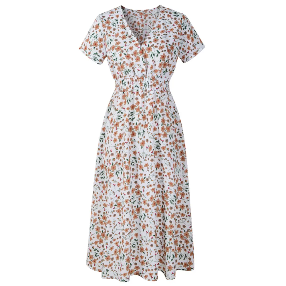 Chiffon Beach Dress Printed V-neck Short Sleeve Bohemian