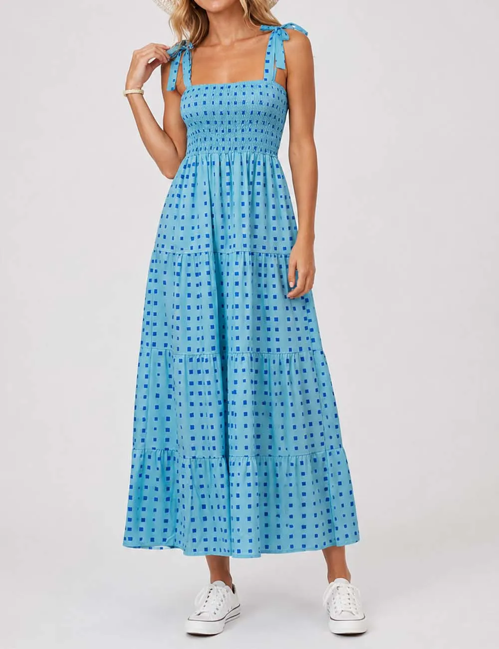 Abstract Smocked Strap Square Neck Midi Dress
