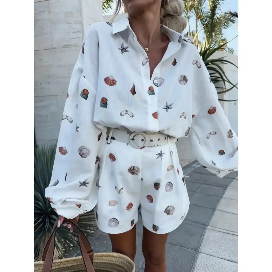 Simple Printed Button Up Shirt and Shorts Set