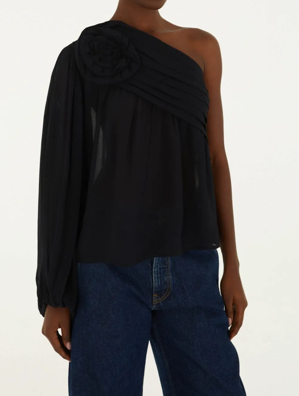 Tropical-Print One-Shoulder Long-Sleeve Blouse