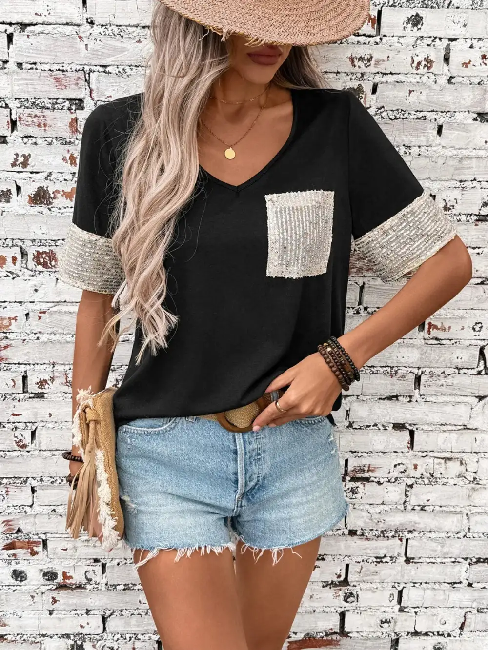 V-Neck Short-Sleeve Sequined T-Shirt