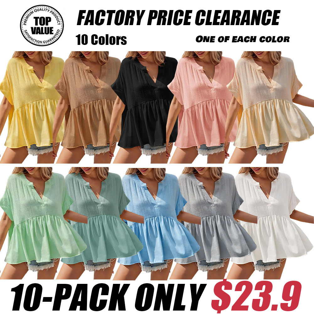 🔥 Women's Summer V-Neck Babydoll Tops | Short Sleeve Pleated Flowy Blouse