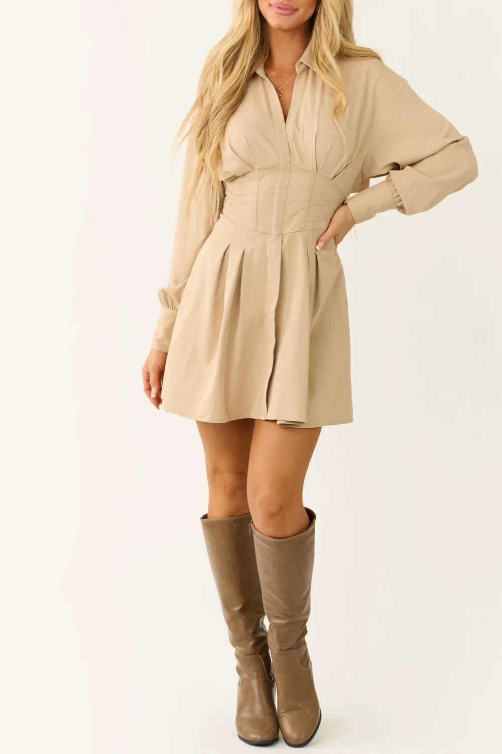 Oatmeal Long Sleeve Back Corset Short Dress
