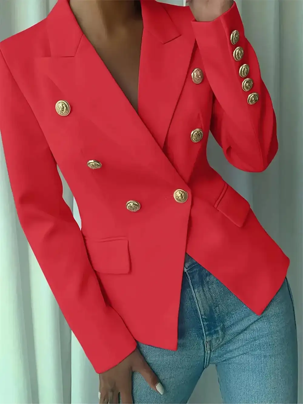 Double-Breasted Lapel-Collar Blazer