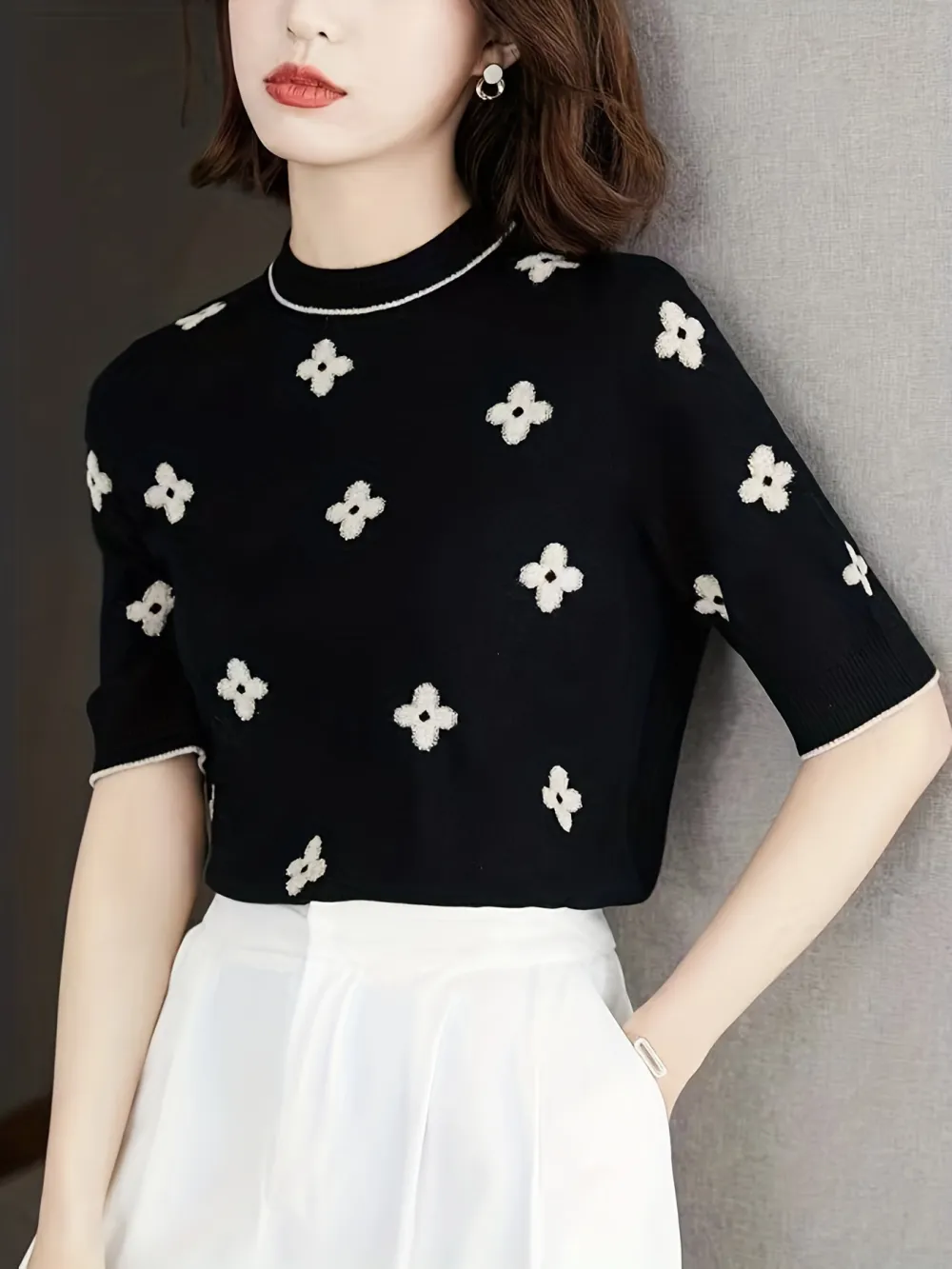 Day Floral Print Knit Sweater Casual Crew