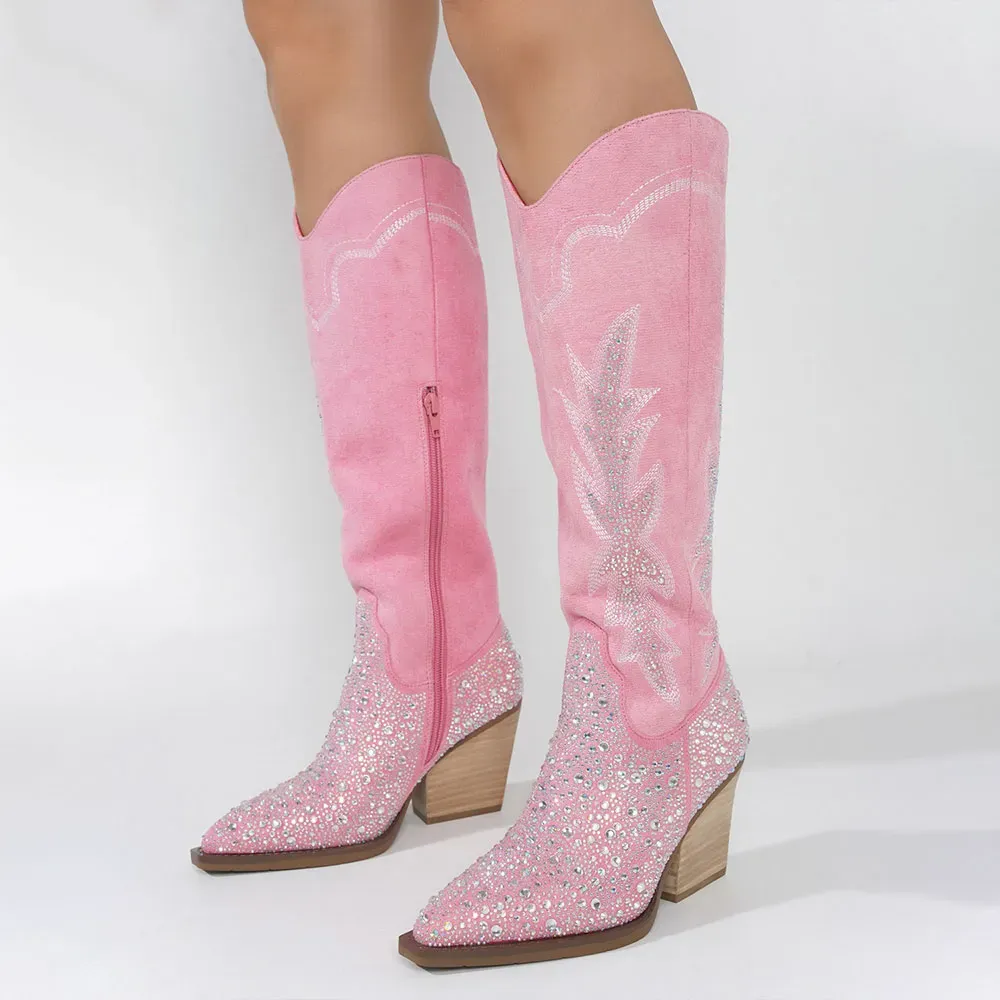 Faux-Suede Embroidered Rhinestone Zip-Up Knee-High Boots