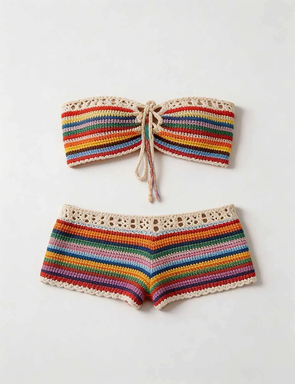 Rainbow Crochet Bandeau Bikini Set with Cover Up Shorts