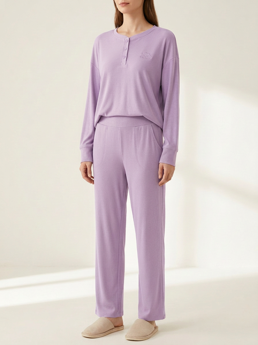 Women's Cloud-Embroidered Henley Straight-Leg Lounge Set