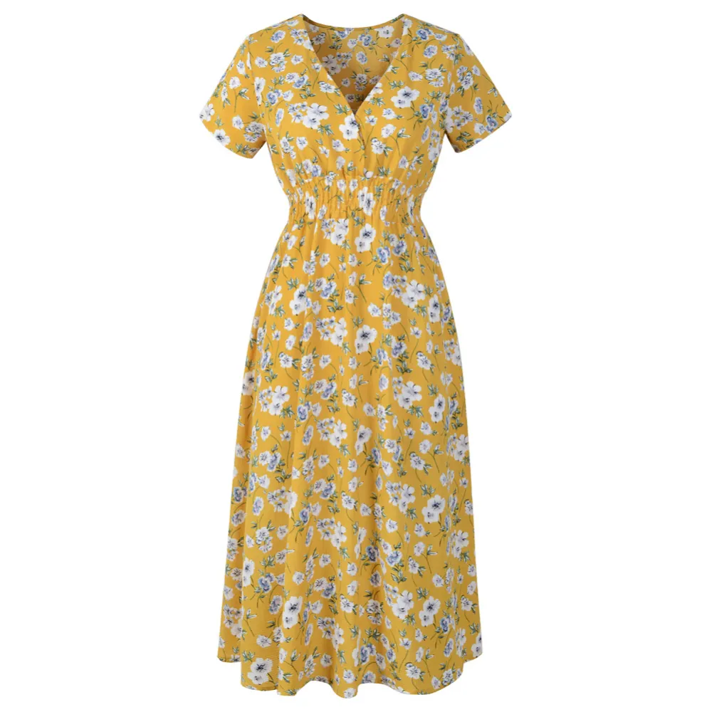 Chiffon Beach Dress Printed V-neck Short Sleeve Bohemian