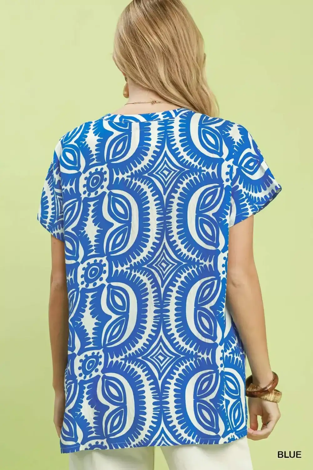 Geometric Print Split V-Neck Short Sleeve Top