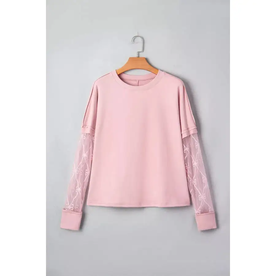 Relaxed Bow Textured Patchwork Long Sleeve Tee