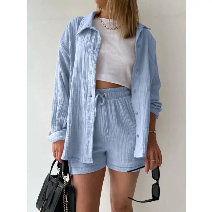 Relaxed Textured Button Up Shirt and Shorts Set