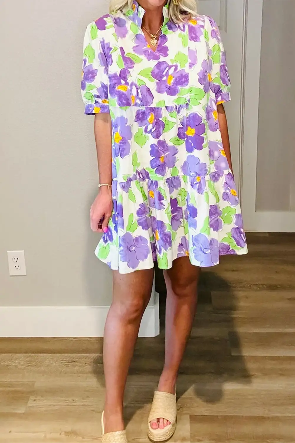 Floral Ruffle Trim Tiered Mini Dress