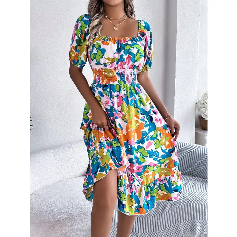 Ruffled Hem Smocked Short Sleeve Midi Dress