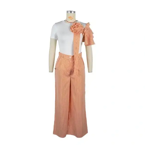 Crew-neck Short-sleeved Striped Wide-leg Pants Palazzo Set