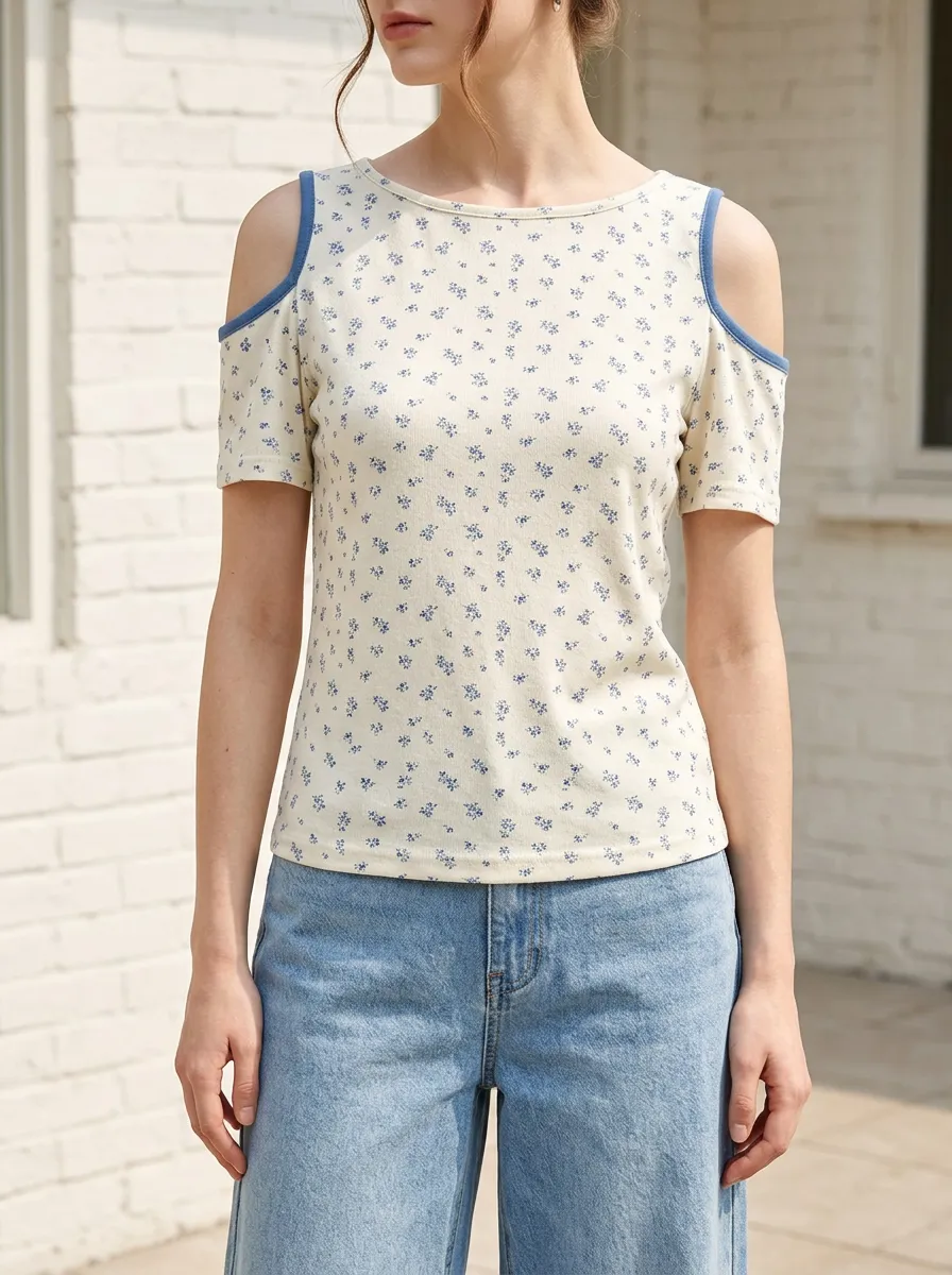 Women's Relaxed Floral Pattern Cold Shoulder Printed Off-Shoulder Top