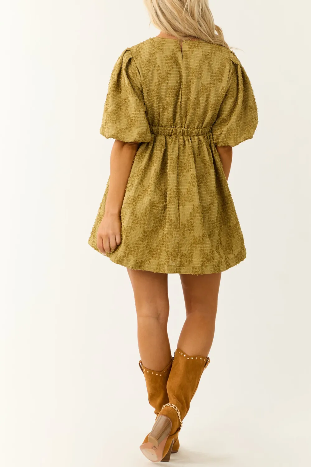 Olive Textured Half Puff Sleeve Mini Dress
