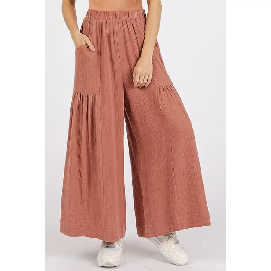 Gauze Elastic Waist Pleated Wide Leg Pants