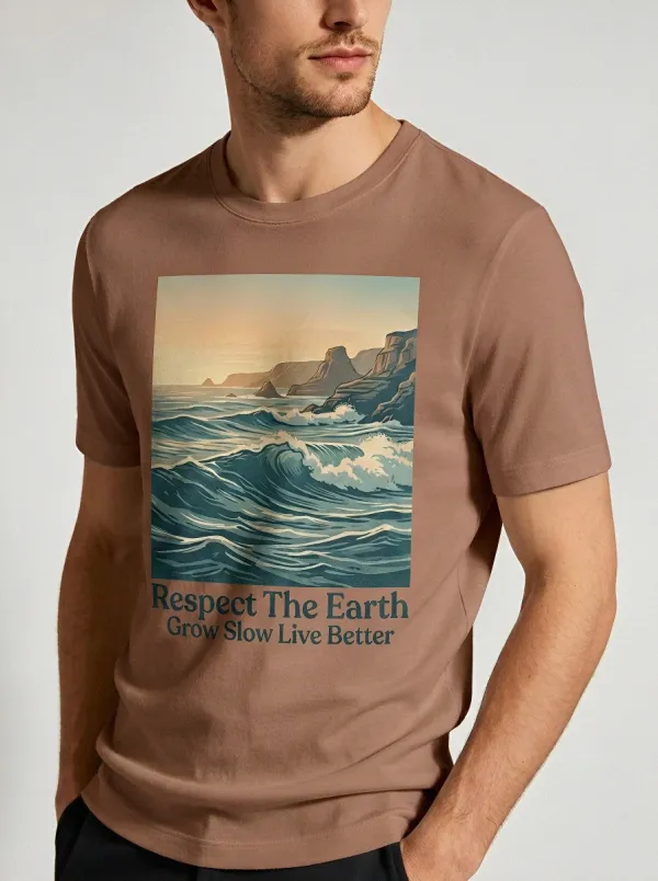 Men's Nature Lover Ocean Landscape Respect The Earth Printed T-shirt