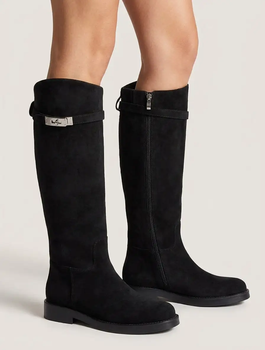 Modern Riding Strap Detail Buckle Detail Block Heel Knee High Boots