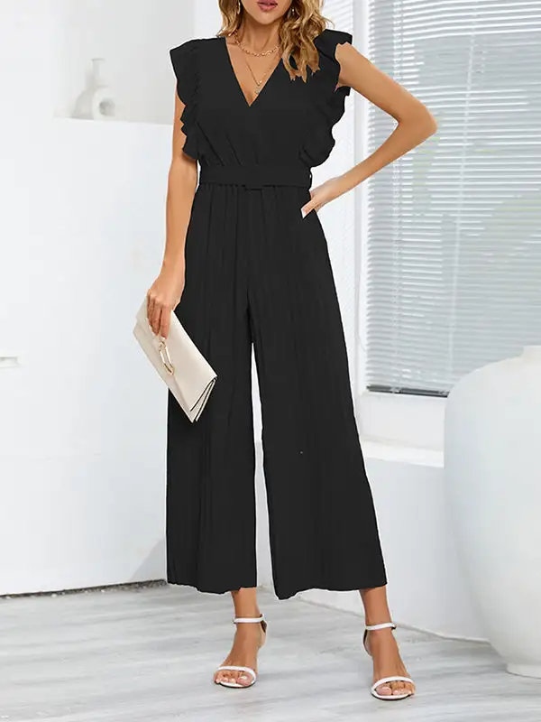 Hoog Getailleerde Losse Geplooide Jumpsuits Met V Hals