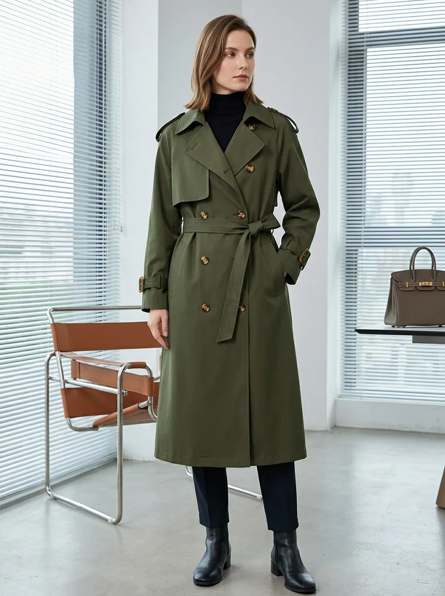 Women's Classic Military Olive Double-Breasted Belted Trench Coat