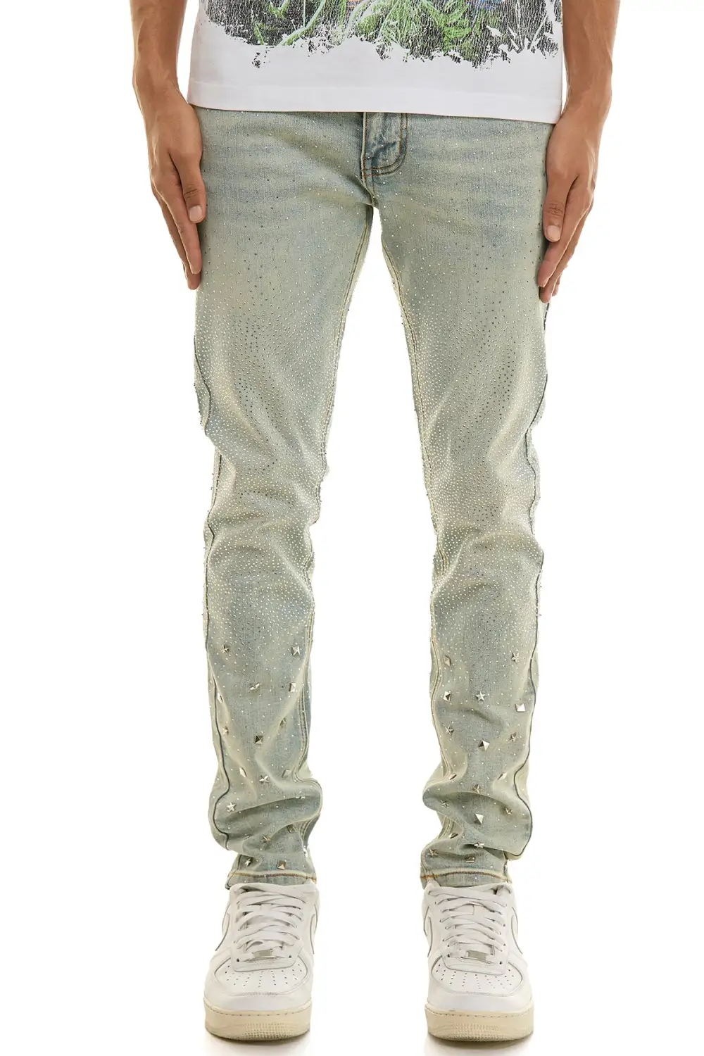 Men's Streetwear Embellished Skinny Zip Detail Jeans