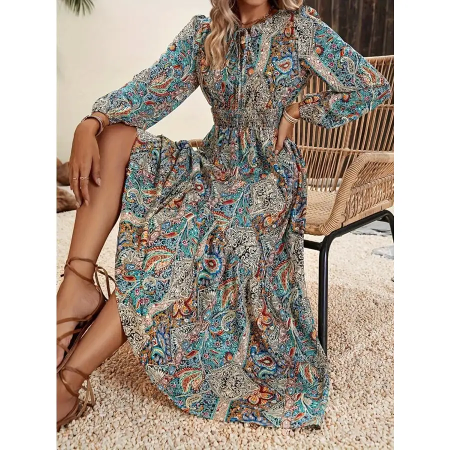 Printed Tie Neck Long Sleeve Maxi Dress