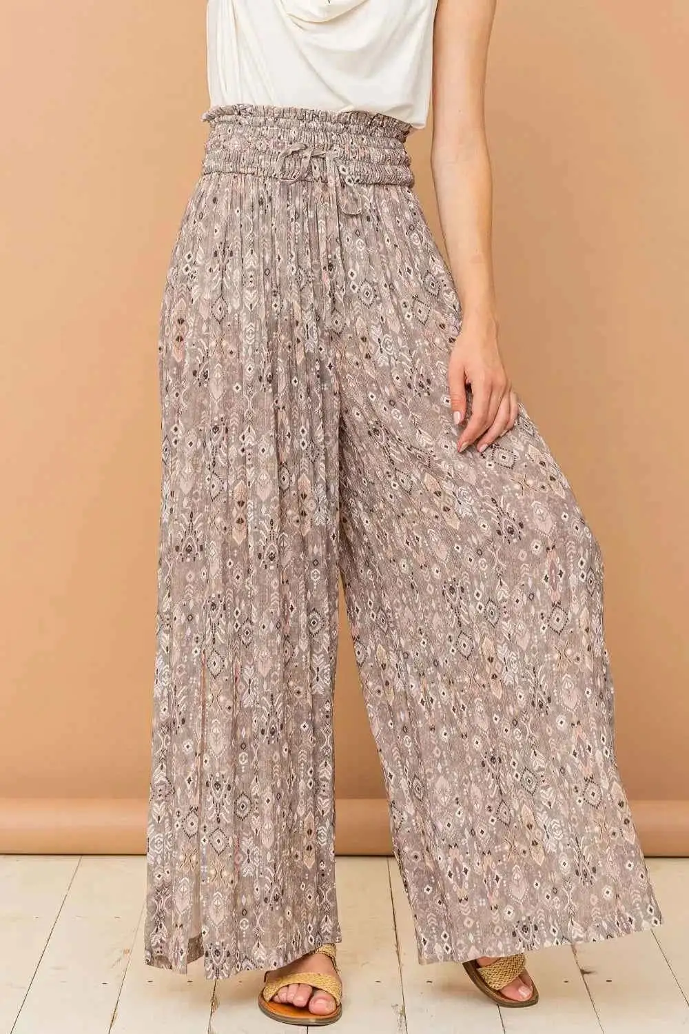 Boho Printed Smocked Waist Slit Wide Leg Pants