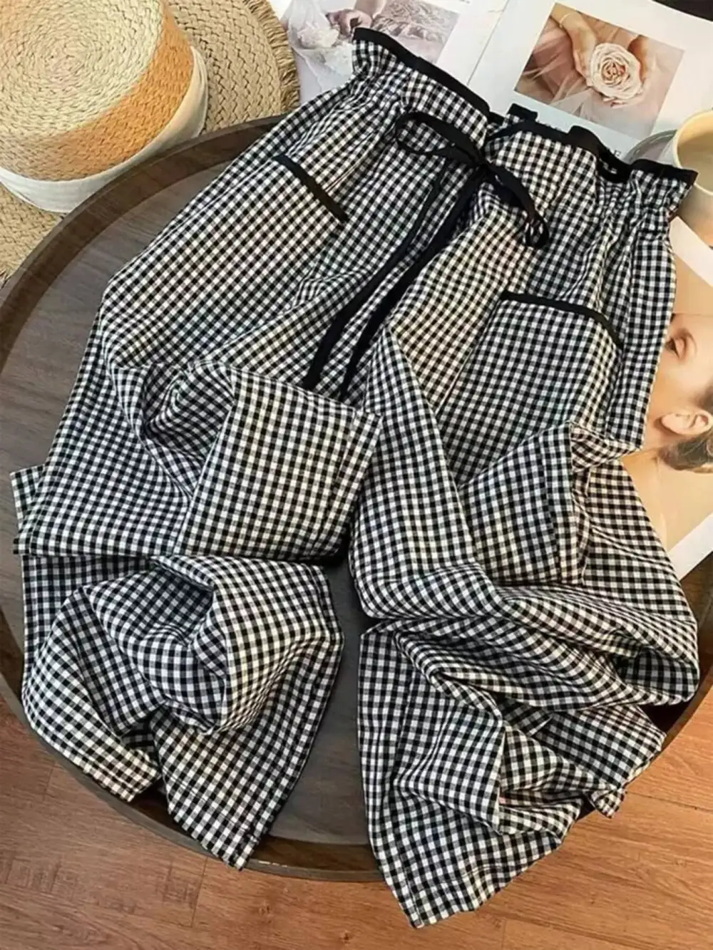 Wide Leg High Waist Gingham Tie Waist Pants
