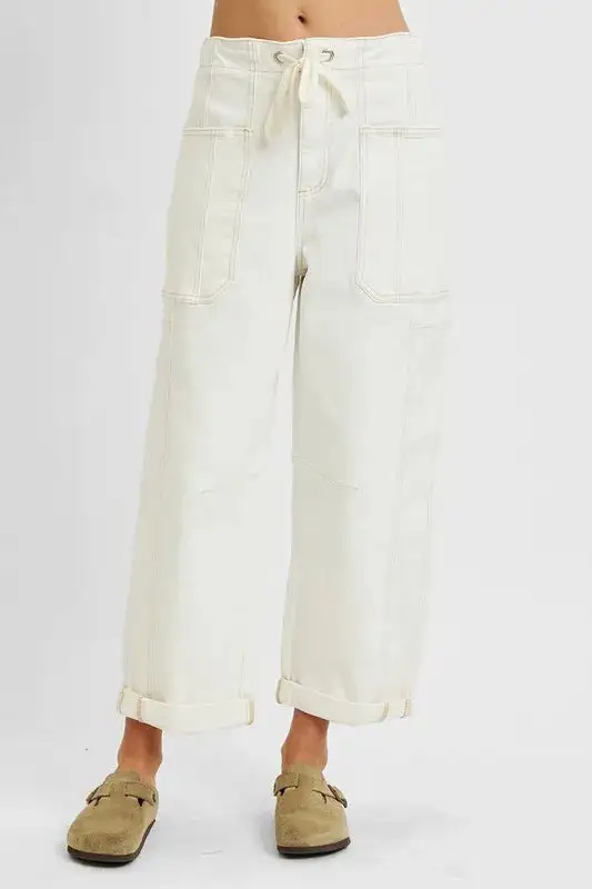 High-Rise Barrel-Leg Cropped Washed Straight Leg Jeans