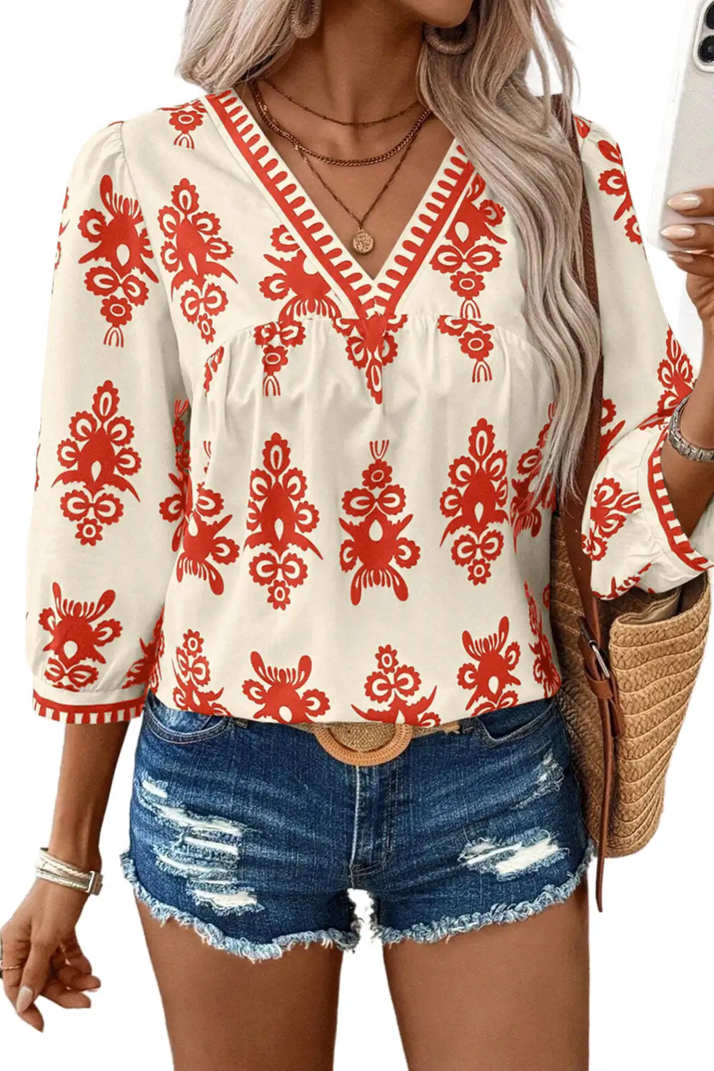Vintage Geometric Three Quarter Sleeve V Neck Blouse