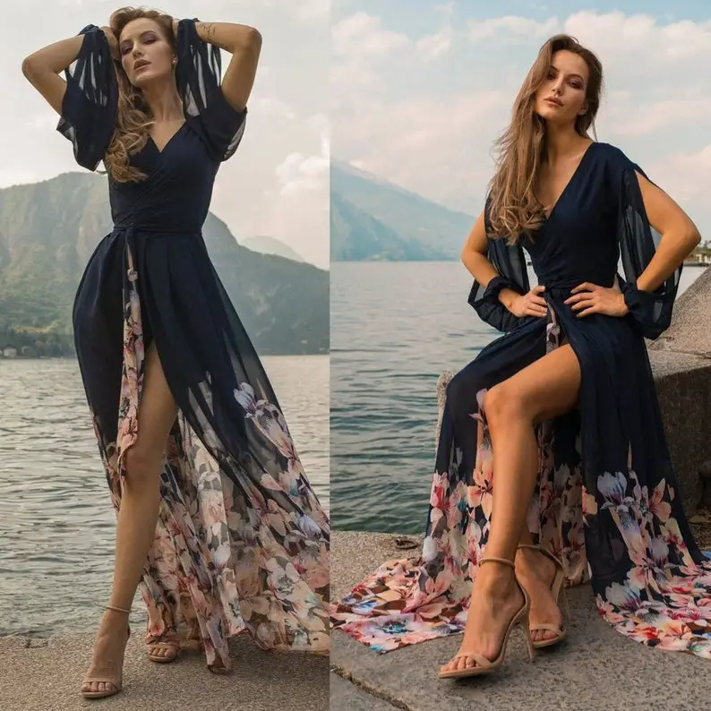 Floral Wrap-over Dress FLORENCE - Long Wedding Guest Dress - Blue Dress For Womne - Chiffon Bridesmaid Dress