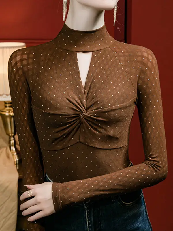 Long Sleeve Curve Fit Cutout Knot Polka Dot Rhine Stones Panel Detail Mock Neck T-Shirt